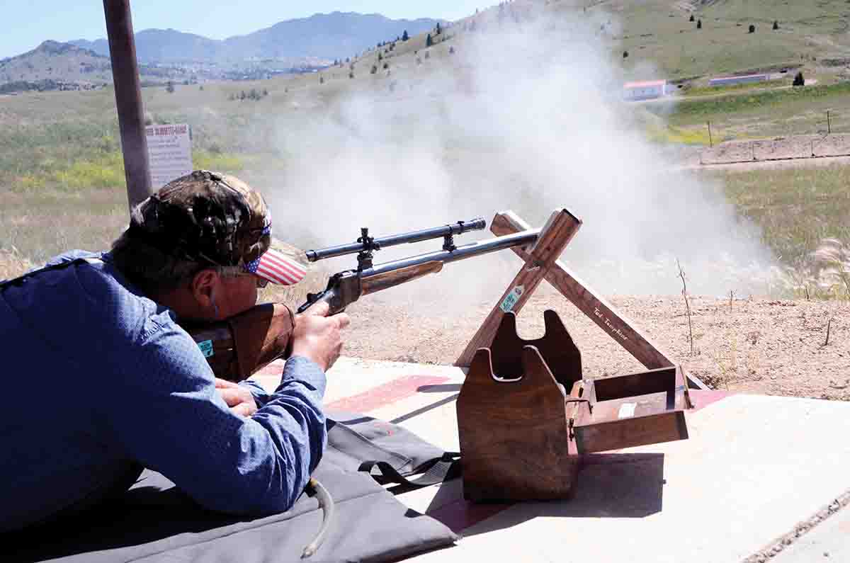 Ted Tompkins is shooting his MVA High Wall equipped with an MVA-A 10x scope in a BPCR Silhouette match at Butte, Montana.